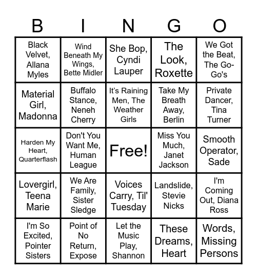 A Venue BINGO- 80's Ladies Bingo Card