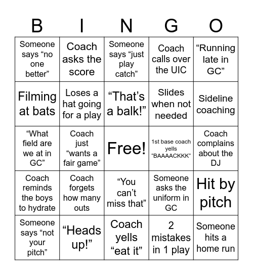 Baseball Bingo Card