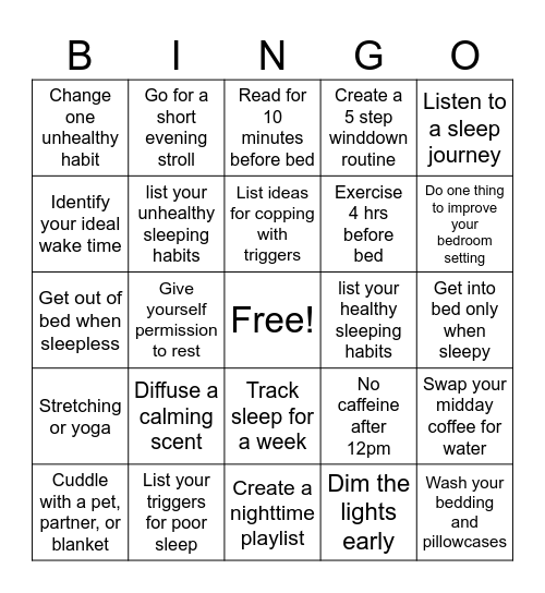 Healthy Sleeping Habits Bingo Card