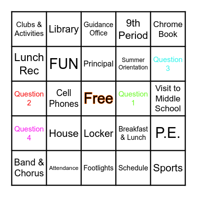 Middle School Bingo Card
