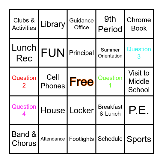 Middle School Bingo Card