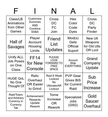 FFXIV FanFest Bingo Card