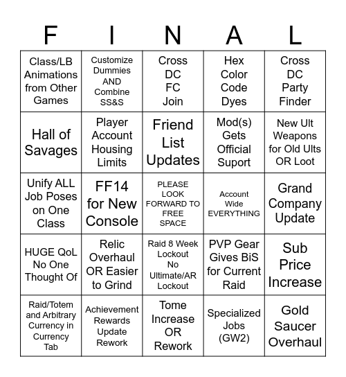FFXIV FanFest Bingo Card