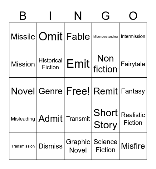 Miss/Mit Vocabulary Bingo Card