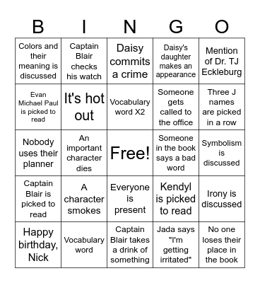 Gatsby Chapter 7 Bingo Card