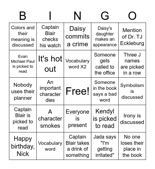 Gatsby Chapter 7 Bingo Card