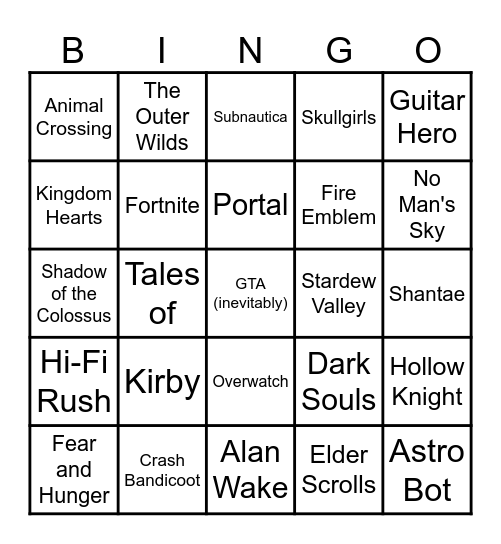 Game To Movie/TV Bingus Bongus Bingo Card