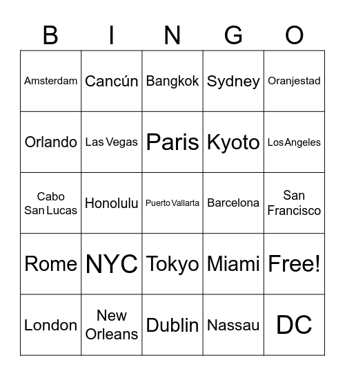 Travel Bingo Card