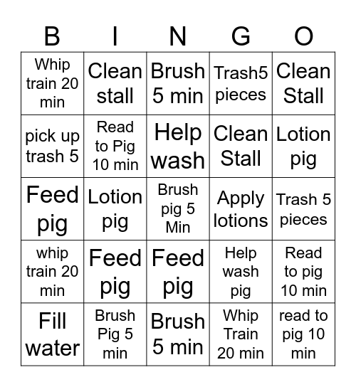 Pig Care Bingo Card