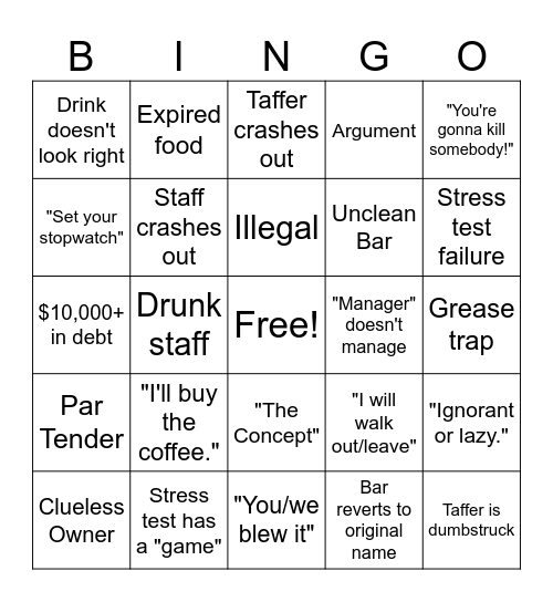 Bar Rescue Bingo Card