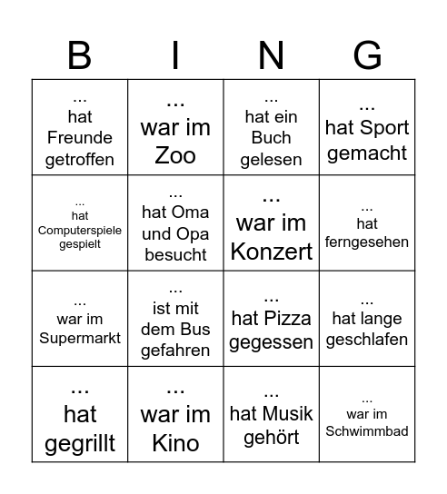Schulferien-Bingo Card