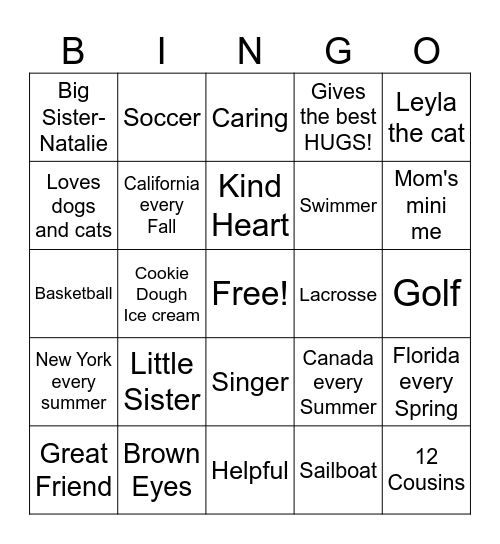 Mia's 9th Birthday Bingo Card