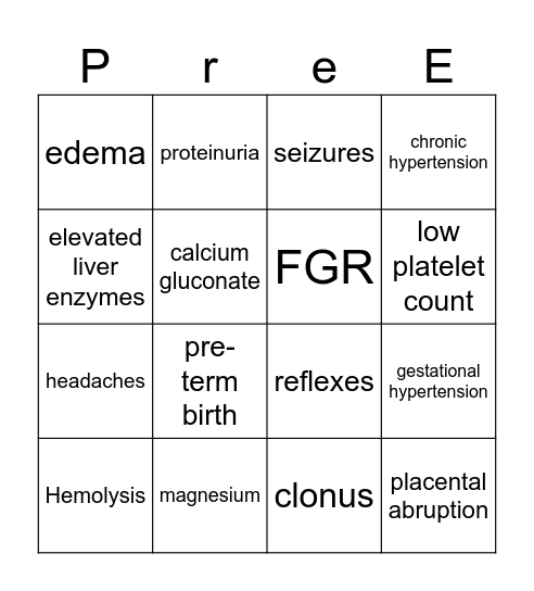 Preeclampsia Bingo (Pre- E) Bingo Card