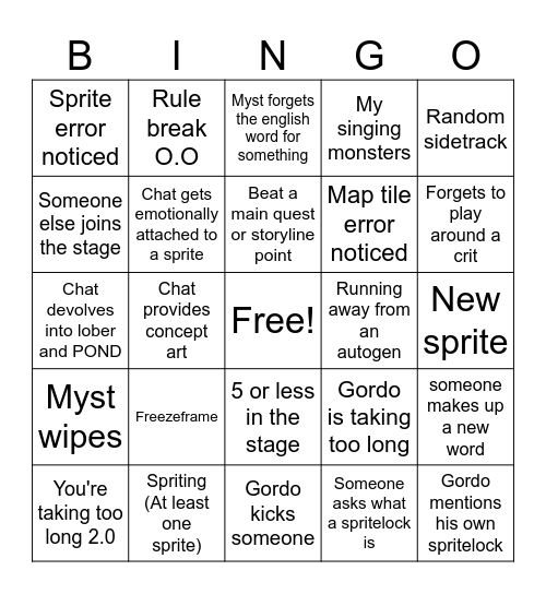 Myst spritelock Bingo Card