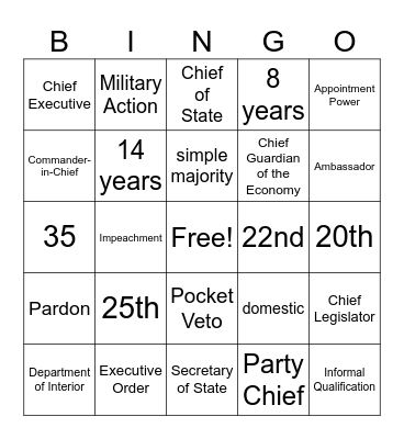 Executive Branch Bingo Card
