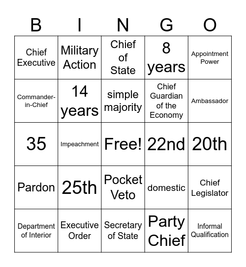 Executive Branch Bingo Card