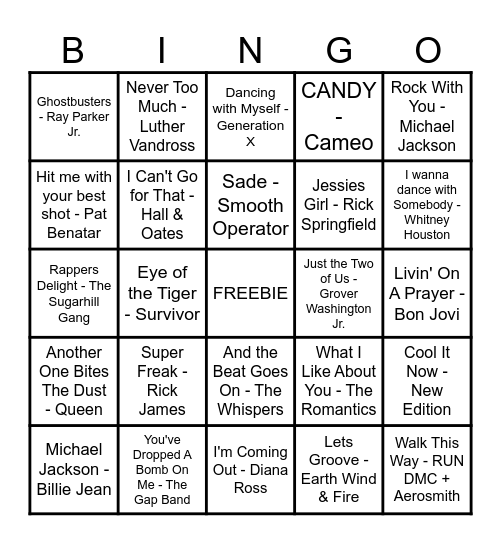 MUSIC BINGO - 1980s Bingo Card
