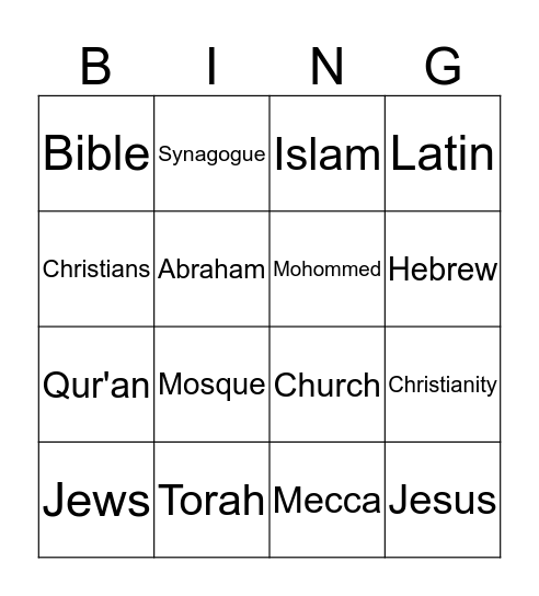 Monotheistic Religions! Bingo Card