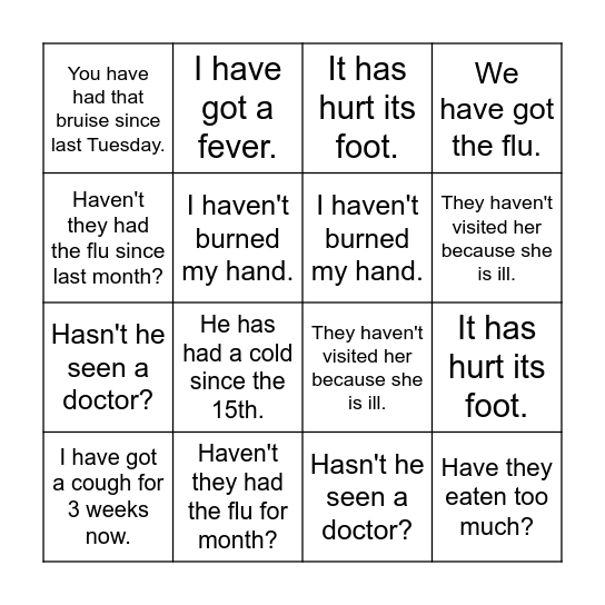 Bingo Illnesses and Injuries Bingo Card
