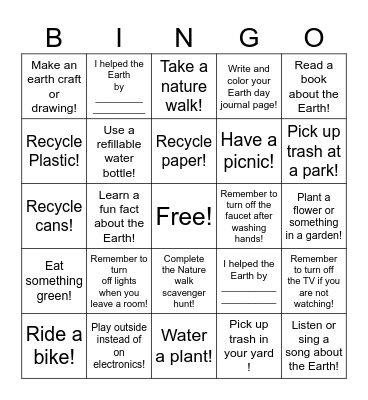 Earth Day Bingo Card