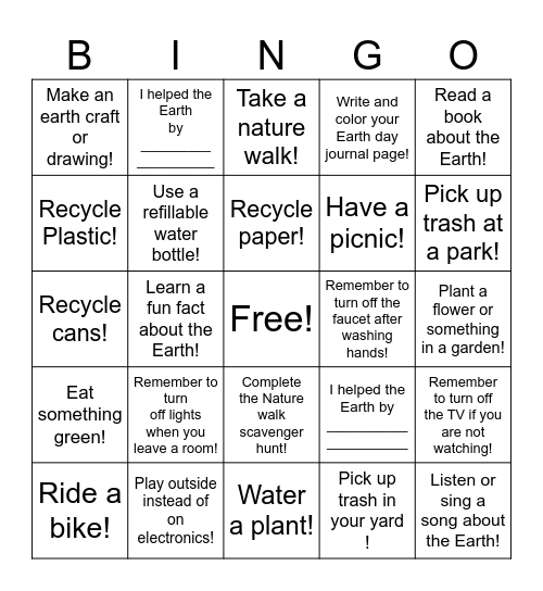 Earth Day Bingo Card