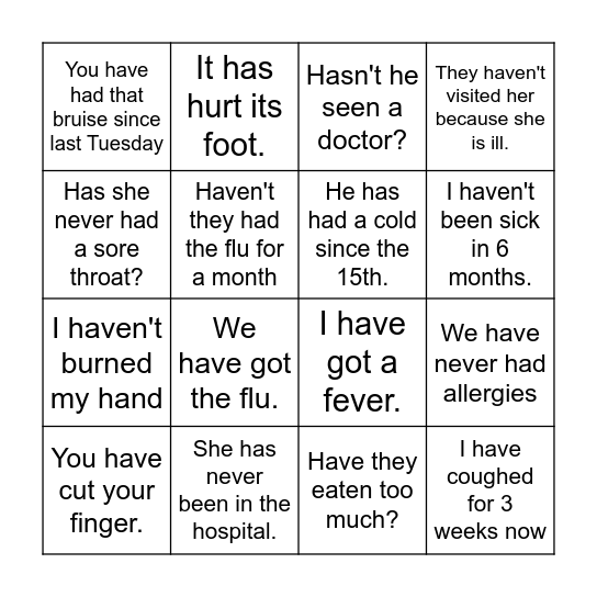 Bingo Illnesses Bingo Card