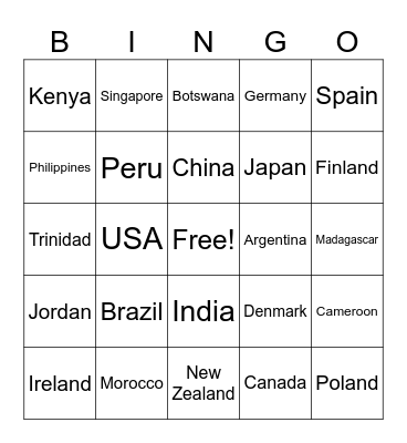 Countries Bingo Card