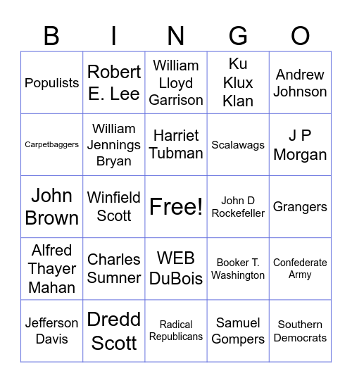 People and Groups in US History (1850-1899) Bingo Card