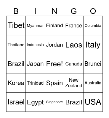 Countries Bingo Card