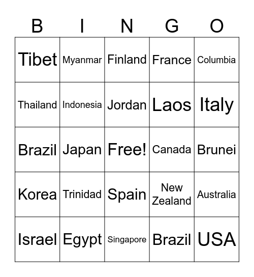 Countries Bingo Card