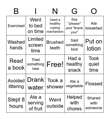 Healthy Habits Bingo Card