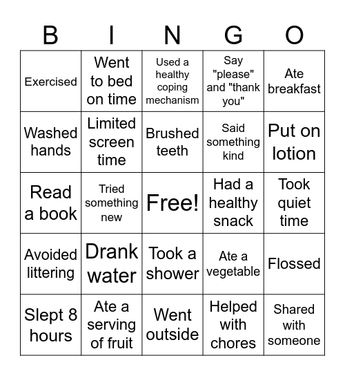 Healthy Habits Bingo Card