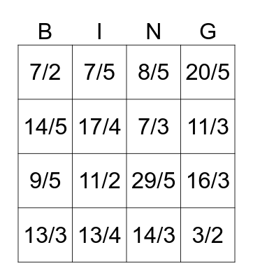Mixed numbers to Improper fractions Bingo Card