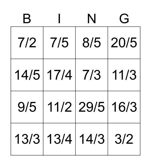 Mixed numbers to Improper fractions Bingo Card