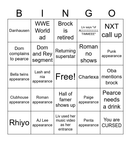 RAW after mania Bingo Card