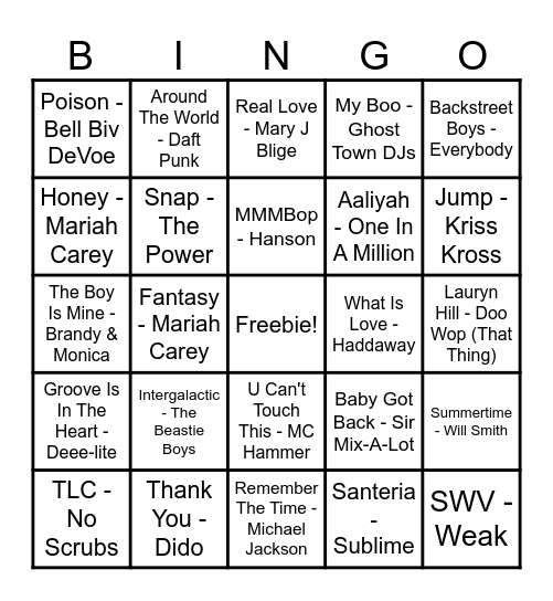 Round 2 - 90s Hits Bingo Card