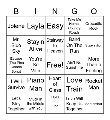 70s Music Bingo Card