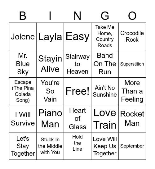 70s Music Bingo Card