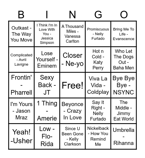 Music Bingo - 2000's Bingo Card