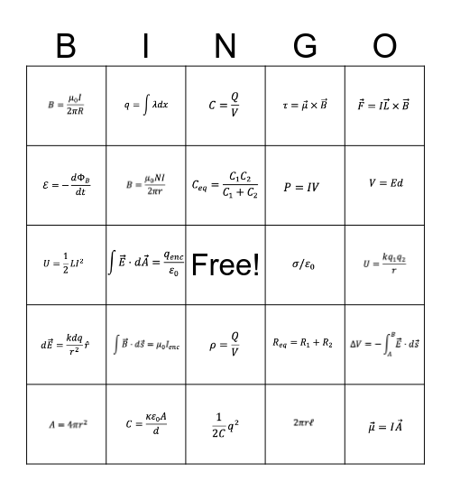 Bite Size Physics E&M Bingo Card