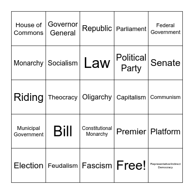 Government: Types and Canada Bingo Card