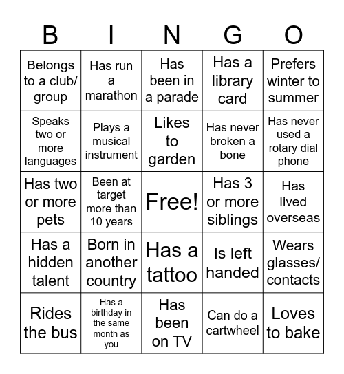 GTKY Team Bingo Card