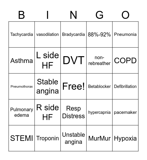 Cardio-Pulmonary Bingo Card