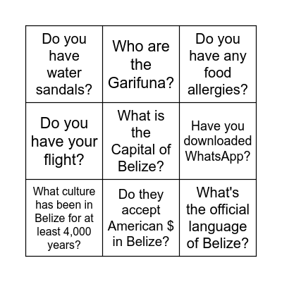 BELIZE BINGO Card