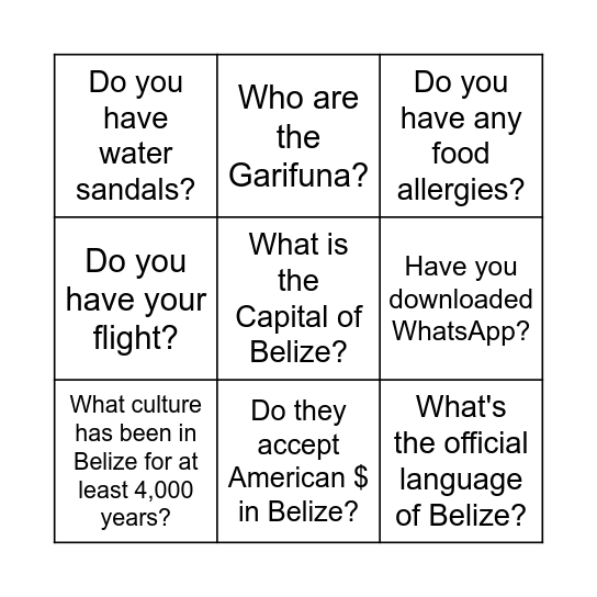 BELIZE BINGO Card