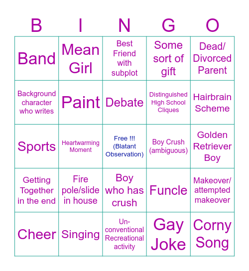 2000s coming of age movie Bingo Card