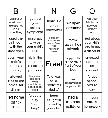 BAD MOM BINGO Card