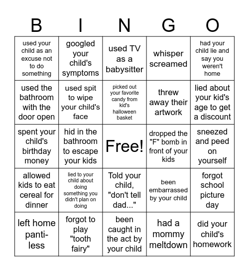 BAD MOM BINGO Card