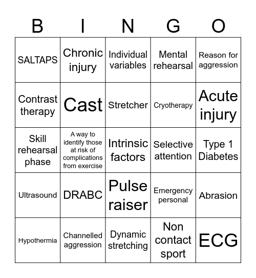 Sports Science Revision Bingo Card