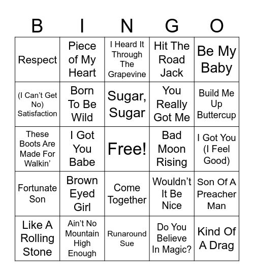 60's Hits Bingo Card